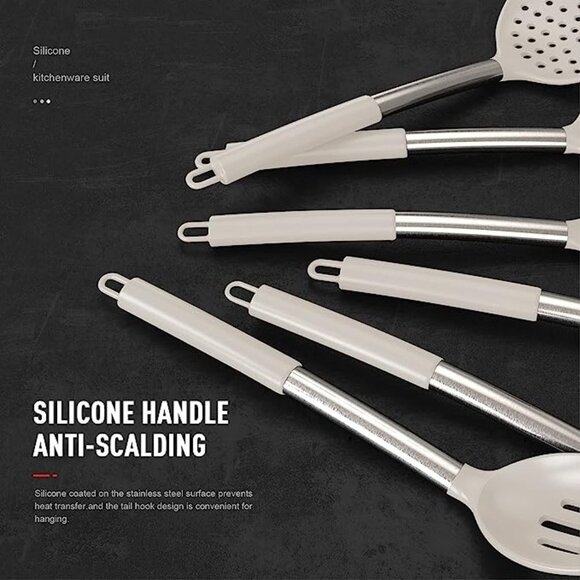 New Silicone Cooking Utensils Set Stainless Steel and Khaki Taupe - Picture 4 of 7